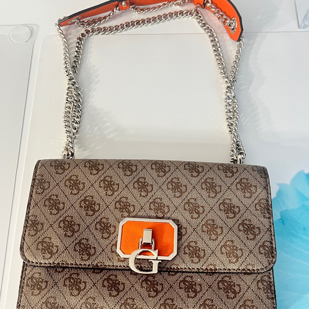 GUESS Chain Shoulder Bag | Monogram Print | Orange Accent